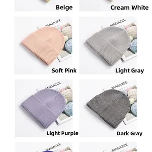 Detailed grid showing knitted beanies in beige, pink, lavender, and gray soft textures