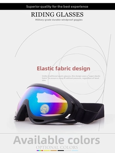 Detail of adjustable elastic headband and UV400 rainbow lens on protective eyewear