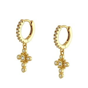 Luxurious gold cross hoop earrings with white zircon stones on a clean white background