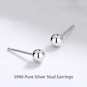 990 Pure Silver Geometric Round Bead Stud Earrings Minimalist Tiny Ball Earring For Sensitive Ears Women Men Jewelry