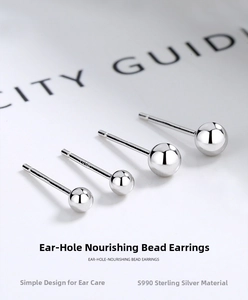 Macro detail of four S999 sterling silver ball earrings in different sizes on a magazine