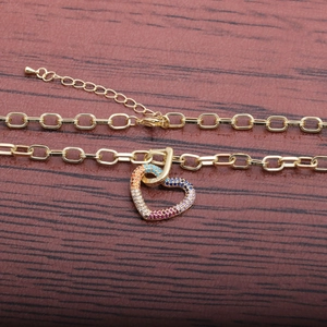 Hip hop heart pendant necklace in gold finish with colorful cubic zirconia stones