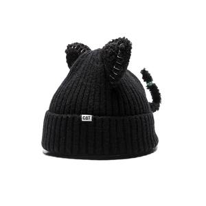 Winter women's black knitted beanie featuring cute cat ears and a CAT embroidery tag