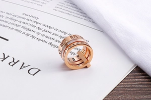 Detail of rose gold multi-layer ring with Roman numerals and sparkling cubic zirconia