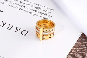 Detail of layered gold stainless steel ring with Roman numerals and white shell inlay