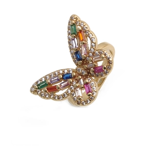 Fashionable butterfly ring with colorful cubic zirconia stones in a gold finish setting