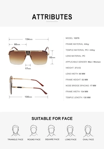 Detailed size specifications and material chart for stylish large frame square sunglasses