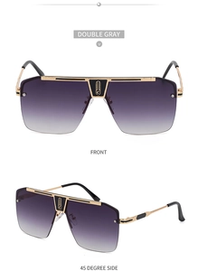 Detail view of large frame sunglasses with purple gradient lenses and gold metal temples