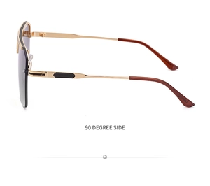 90-degree side view of large square frame sunglasses with slim golden metal temples