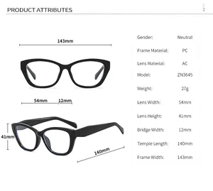 Detailed size chart for cat eye frame glasses with precise frame and lens measurements