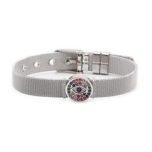 Silver stainless steel 10mm mesh strap bracelet with colorful evil eye zircon charm