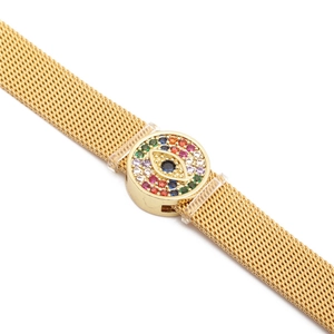 Golden mesh band bracelet featuring a colorful evil eye charm with adjustable slide clasp