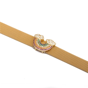 Rainbow cloud diamond pendant on golden mesh strap bracelet displayed on white background