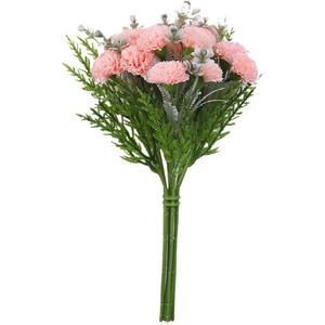 Artificial pink carnation bouquet with green pine needle foliage for home table decoration