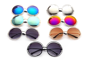 Multiple colors of retro round metal sunglasses with hollow double-frame design