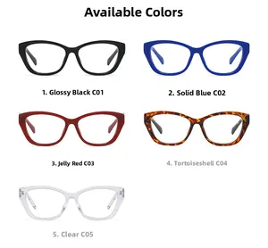Cat eye glasses frames collection in five stylish colors including black and clear blue
