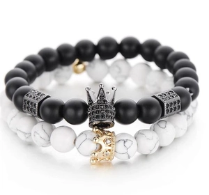 Frosted black stone and white turquoise crown bracelet set with micro-pave charms