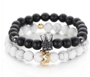 Couples crown bracelet set featuring black frosted beads and white turquoise marble stones