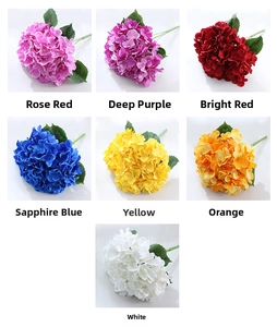Detail view of colorful artificial silk hydrangea heads in various vibrant shades
