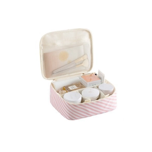 Pink and white striped travel makeup bag with large capacity and mesh pocket organizer