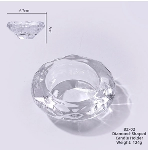 Macro detail of diamond cut glass candle holder with precise size and weight annotations