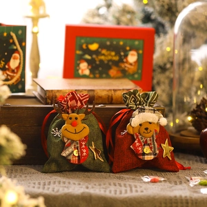 Christmas burlap gift bags with 3D reindeer and bear dolls, festive drawstring candy pouches