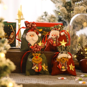 Christmas burlap gift bags set with 3D Santa Snowman Reindeer Bear plush and drawstring