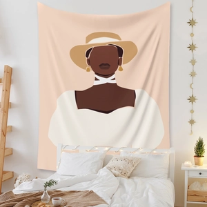 Minimalist portrait tapestry on bedroom wall with warm decorative string lights