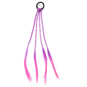 Detail of four purple to pink gradient braided hair extensions on a black elastic band