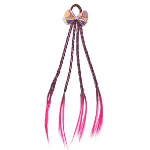 Detail of gradient purple and pink braided hair extensions with iridescent bow decoration