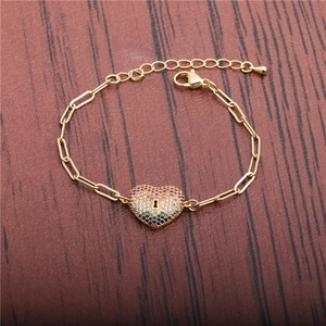 Bracelet gourmette doré ajustable avec pendentif cadenas cœur en zircon coloré