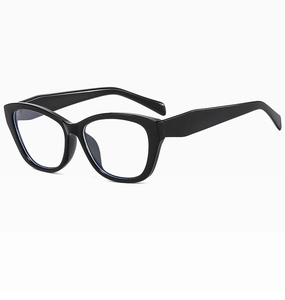 Detail view of glossy black cat eye glasses frames with clear lenses and sleek finish