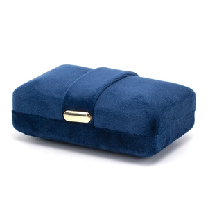 Navy blue velvet jewelry box with gold metal buckle for rings and earrings storage