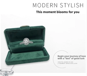 Macro shot of an oval cut diamond ring inside a premium dark green velvet jewelry box