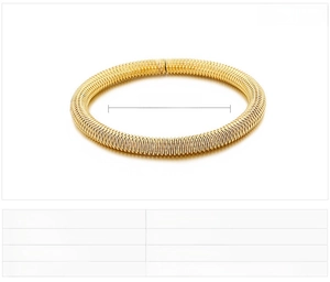 Detail of woven stainless steel gold bangle showing 60x6mm inner diameter dimensions
