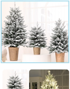 Miniature PE flocked Christmas tree with snow effect in a brown grooved pot with LED lights