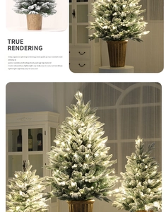 Detailed views of mini flocked PE Christmas tree with warm LED lights in gold pots