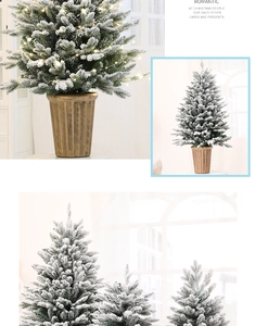 Miniature flocked PE Christmas trees with LED lights in vintage pots for holiday decor