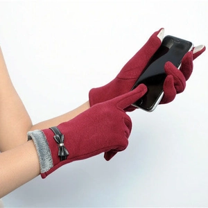 Deep red touch screen winter gloves for women with faux fur cuffs and bow details