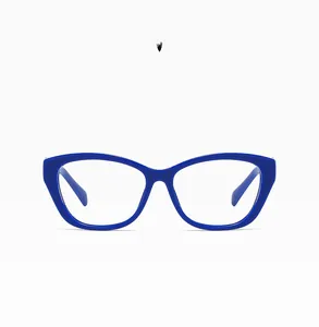 Detailed view of deep blue cat-eye eyeglass frame with polished finish model C02