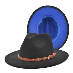 Detail of wool fedora with brown leather band, metallic buckle and blue brim lining
