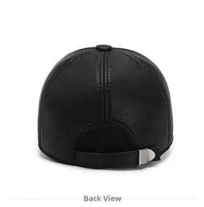 Back view of black faux leather baseball cap showing texture and adjustable metal buckle