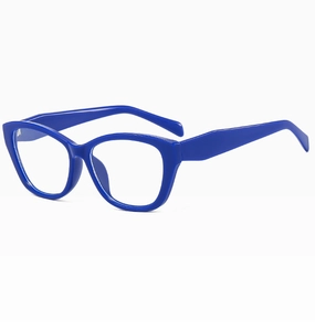 Detailed side view of stylish blue cat-eye glasses frames with a glossy finish