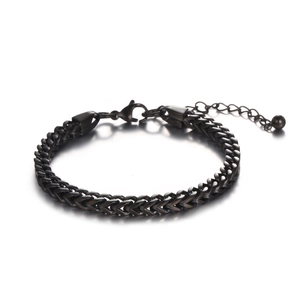 Minimalist black titanium steel square chain bracelet with lobster clasp on white background