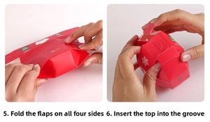 Detailed step showing the folding and sealing of red Christmas themed paper gift boxes