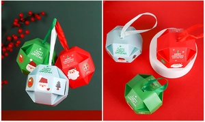 Three-color Christmas spherical candy gift boxes with festive patterns and silk ribbons