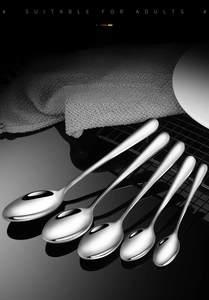 Detail of 5-piece stainless steel spoon set with mirror polished finish and thick steel