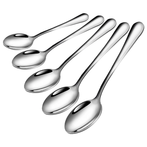 Five polished stainless steel spoons arranged diagonally on a clean white background