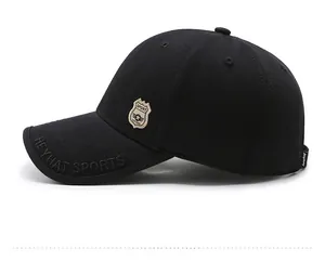 Side view of black baseball cap featuring HEYHAT SPORTS embroidery and retro sport patch
