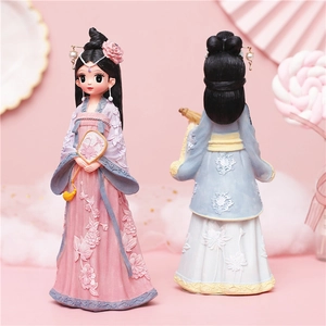 Front and back view of a cute resin Hanfu girl figurine with pink and blue details
